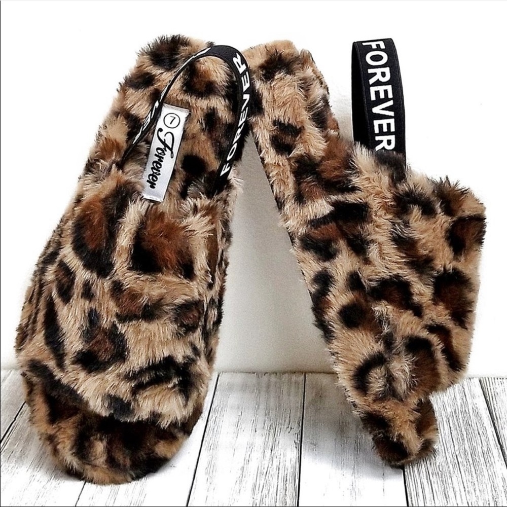 Leopard Fuzz Faux Fur Slipper Slides Sandals